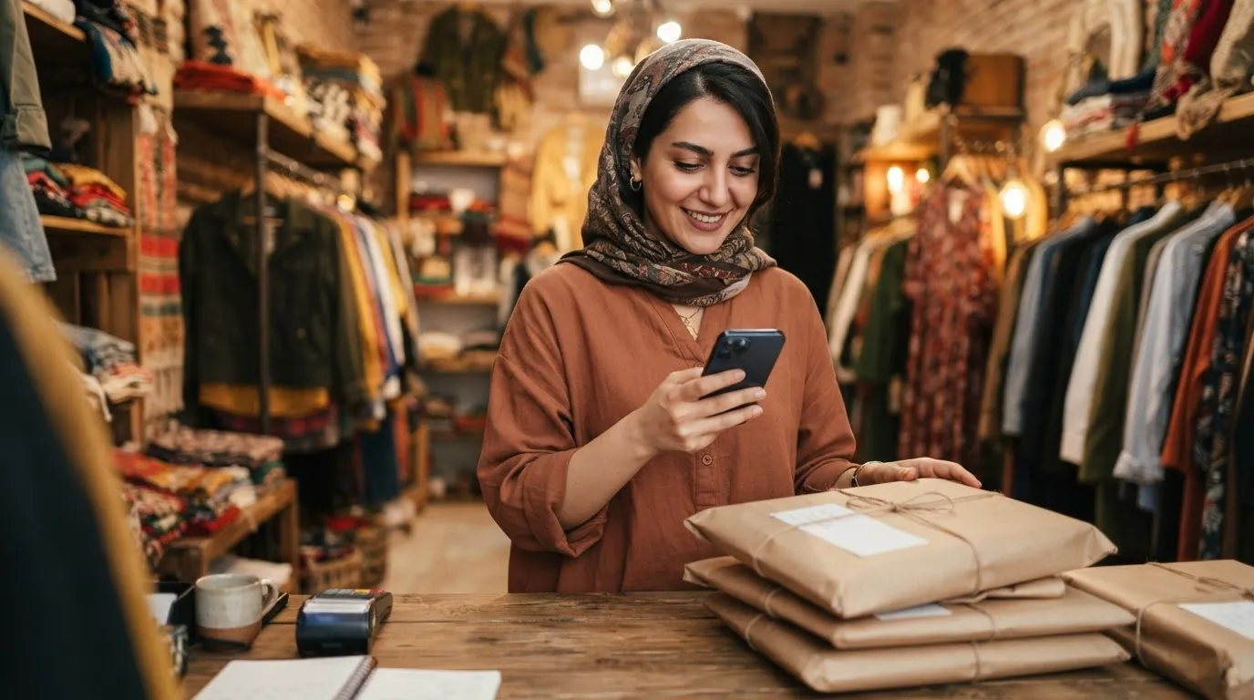 فروشندهٔ بوتیک لباس در حال جواب دادن به سفارش‌ها با گوشی